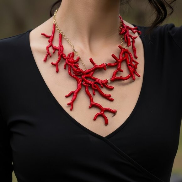 Gold plated Red Coral Branch Statement Necklace - Picture 13 of 15